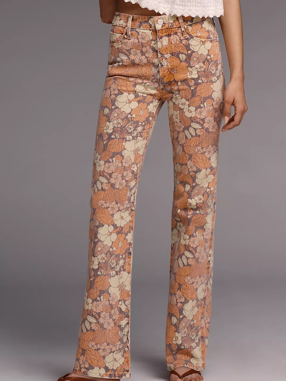MOTHER Peach Floral Straight-Leg Jeans
